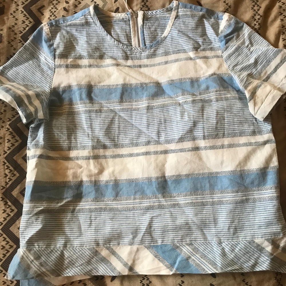 Linen White Blue Stripe Top Spring Summer